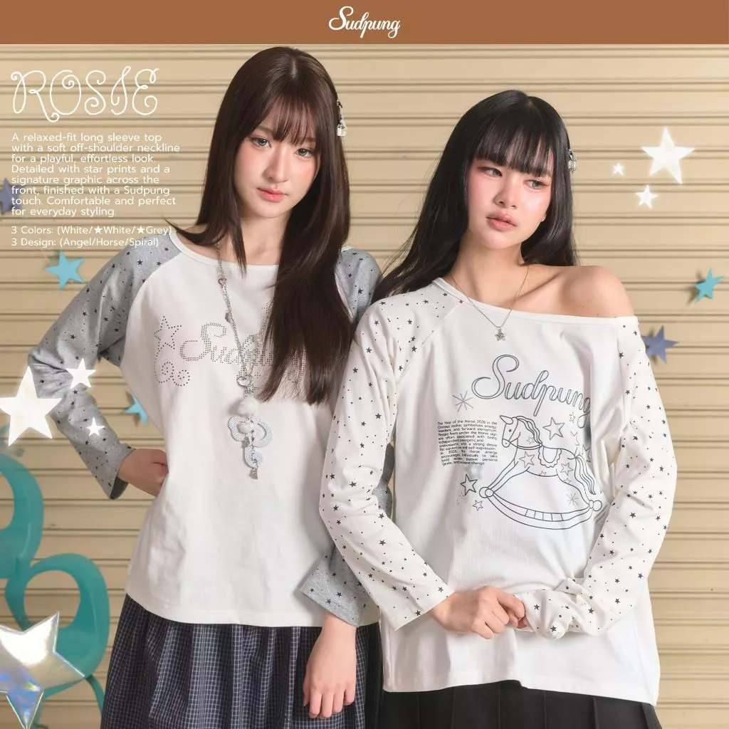 Rosie_SP132 เสื้อแขนยาวปาดไหล่โอเวอร์ไซส์ สกรีนจม ลายน่ารักมาก ใส่สบายสไตล์เกาหลี