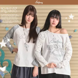 Rosie_SP132 เสื้อแขนยาวปาดไหล่โอเวอร์ไซส์ สกรีนจม ลายน่ารักมาก ใส่สบายสไตล์เกาหลี