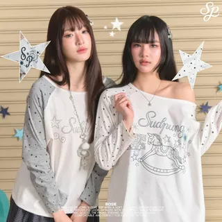 Rosie_SP132 เสื้อแขนยาวปาดไหล่โอเวอร์ไซส์ สกรีนจม ลายน่ารักมาก ใส่สบายสไตล์เกาหลี