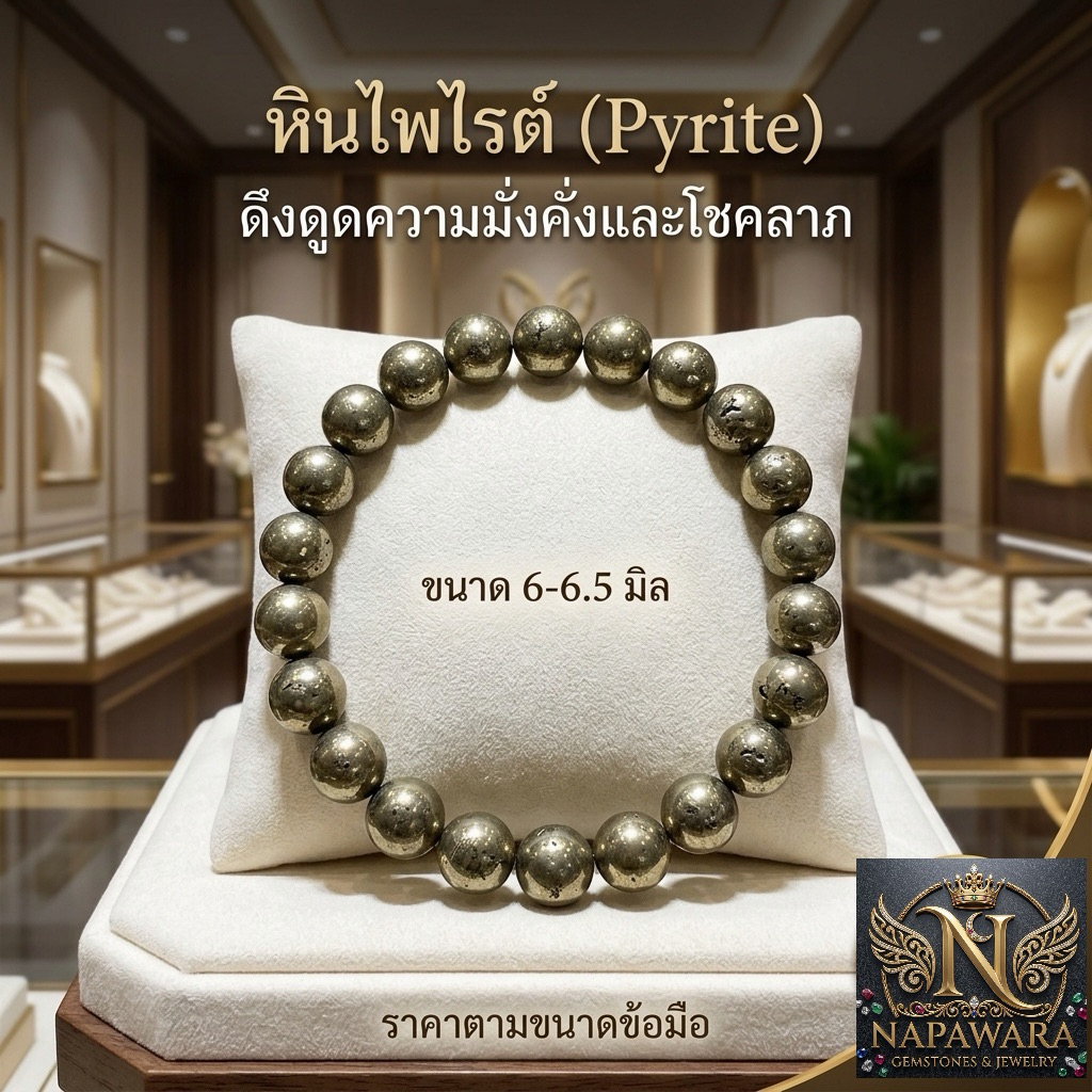 หินไพไรต์ หินดูดเงิน เพชรหน้าทั่ง (Pyrite) หินแท้ 6mm สร้อยข้อมือหินมงคล เสริมดวงการเงิน NAPAWARA Fl