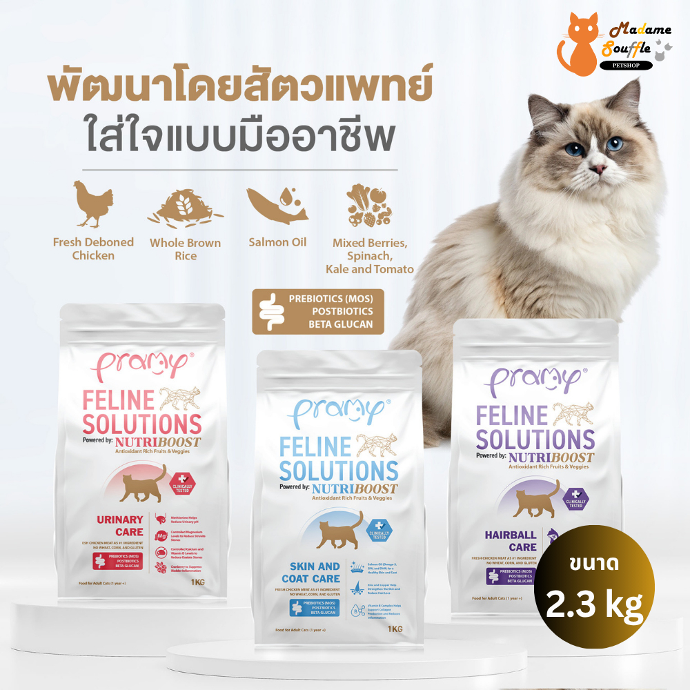 PRAMY Feline Solutions [ขนาด 2.3 kg] อาหารแมวสูตรเฉพาะทาง พัฒนาโดยสัตวแพทย์ ตอบโจทย์น้องแมวที่มีปัญหาสุขภาพ