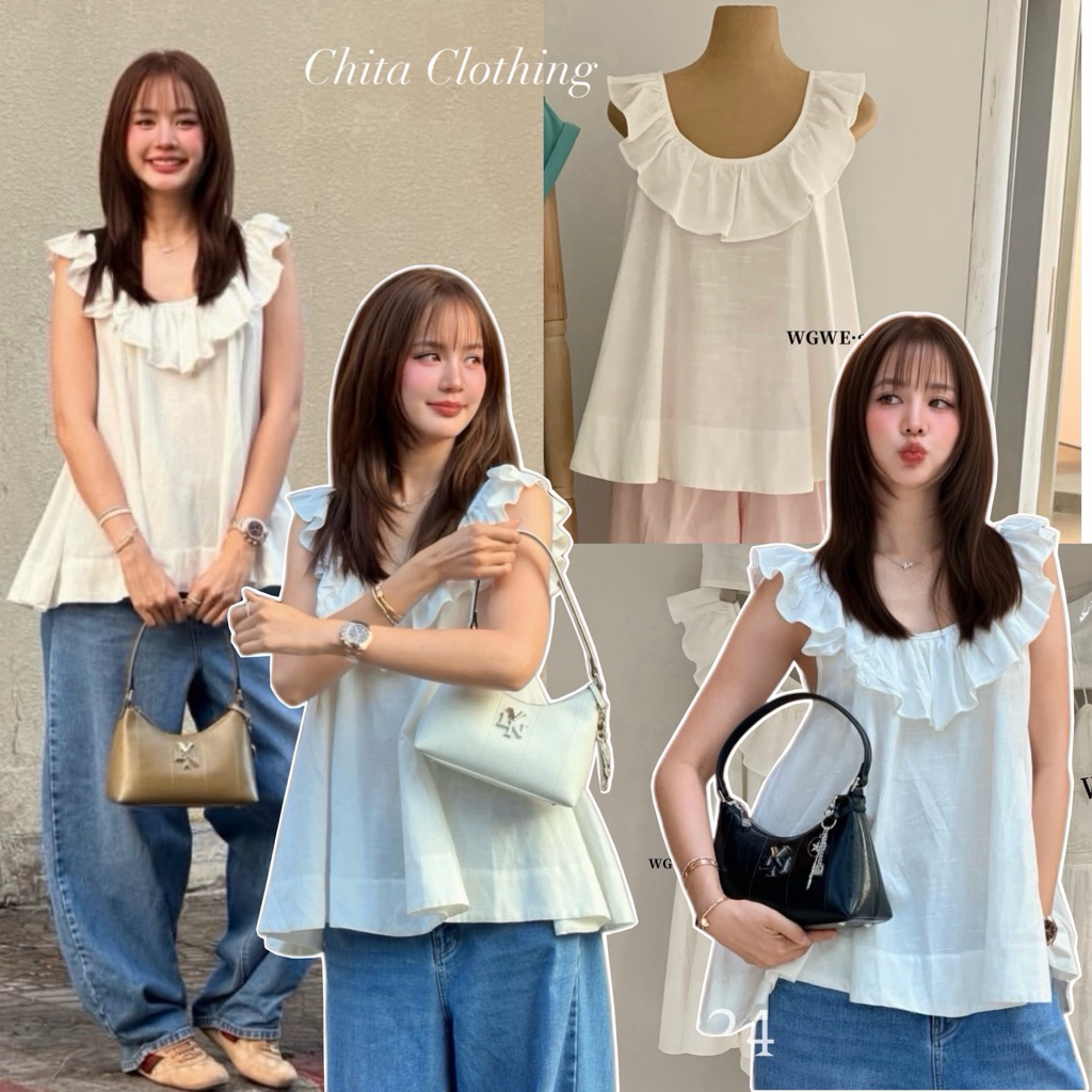 📍พร้อมส่ง📍9324 เสื้อแขนกุด แต่งระบายช่วงอก เนื้อผ้าดี ทรงสวย  TAG:WG.WE 🇰🇷