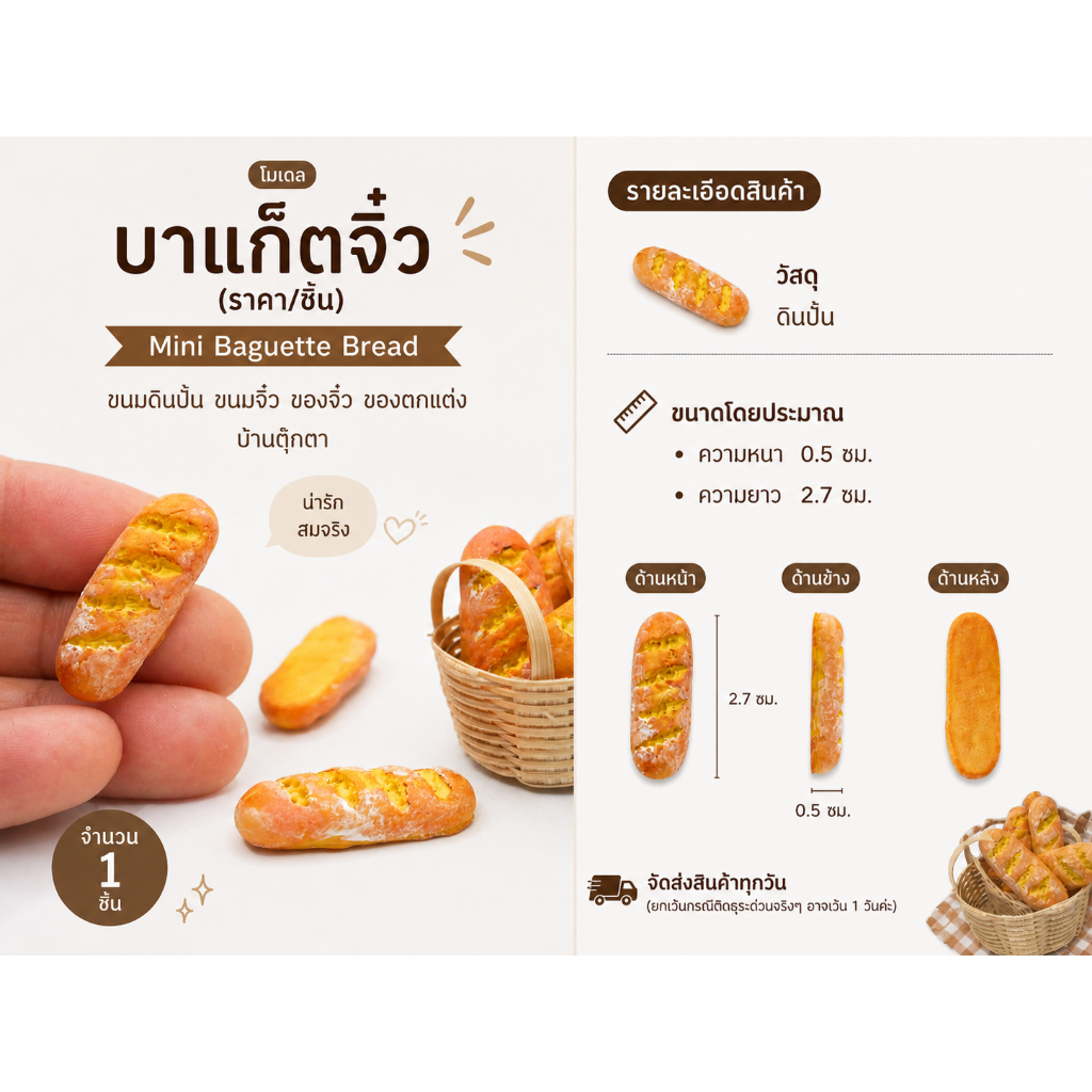 บาแก็ตจิ๋ว (ราคา/ชิ้น)  Mini Baguette Bread จิ๋ว ขนมดินปั้น ขนมจิ๋ว ขนม ของจิ๋ว ของตกแต่ง บ้านตุ๊กตา