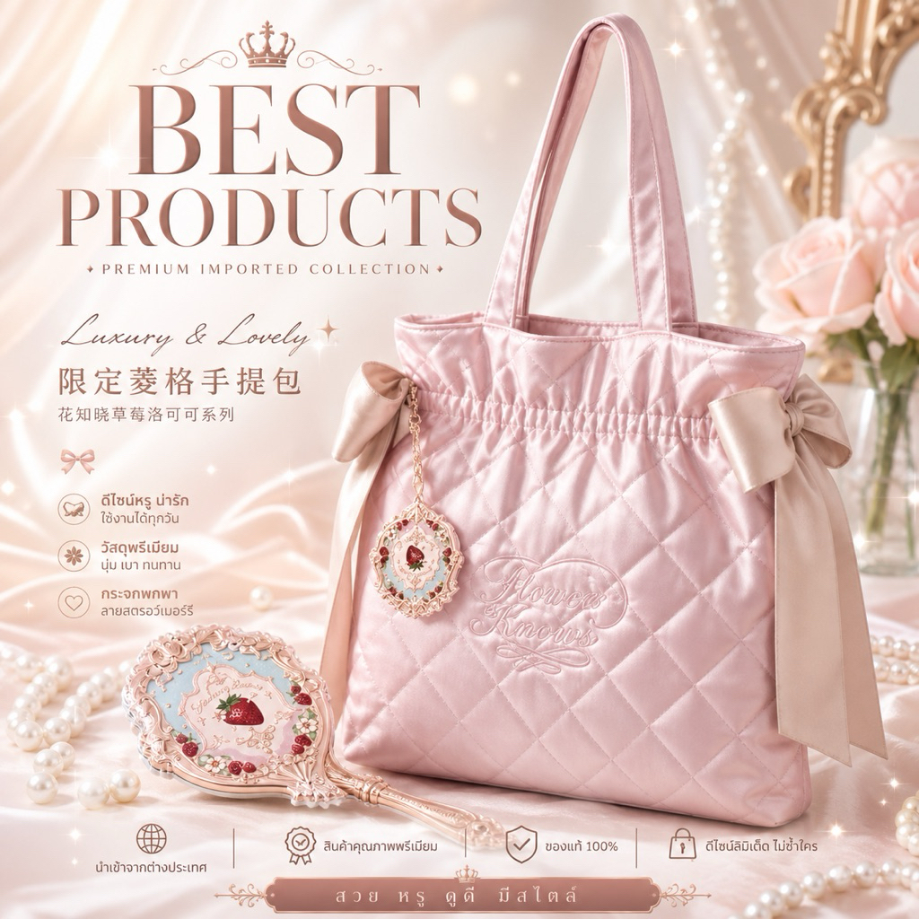 🌸📍กระเป๋าถือลายเพชร รุ่นลิมิเต็ดเอดิชั่น รุ่นสตรอว์เบอร์รี สตรอว์เบอร์รี จาก Flower Knows