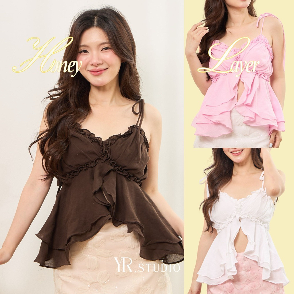 HONEY LAYER TOP (ราคา 350 -) เสื้อสายเดี่ยวผูกไหล่ มีฟองน้ำในตัว มีไซค์สาวอวบ ผ้าคอตตอลสาลู ต้อนรับซัมเมอร์