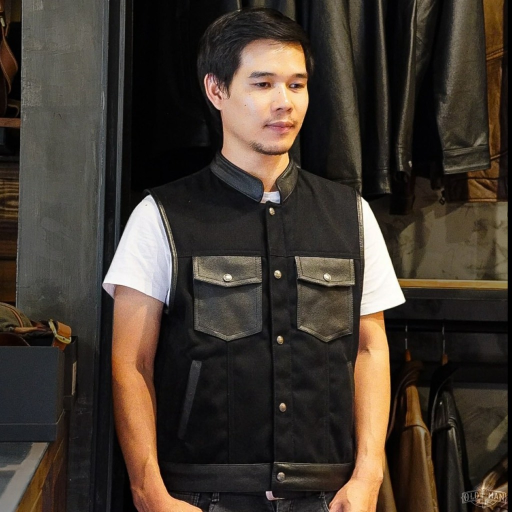 OLDMAN Vest 2102 ผ้ายีนส์ ผสมหนังแท้