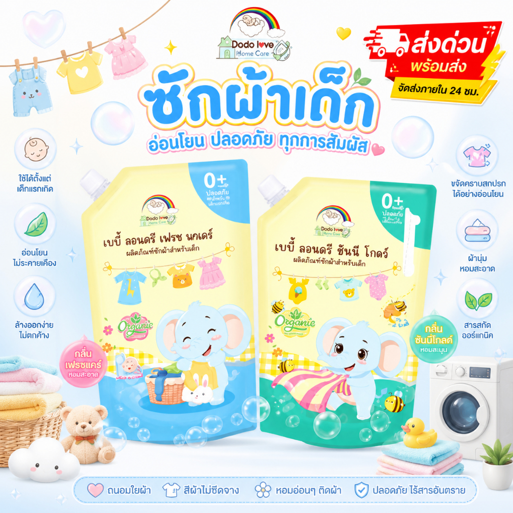ส่งด่วน DoDolove Home Care น้ำยาซักผ้าเด็ก ถุงใหญ่ 1200ML สูตรออร์แกนิค อ่อนโยนพิเศษ กลิ่นหอมละมุน ใช้ได้ตั้งแต่แรกเกิด