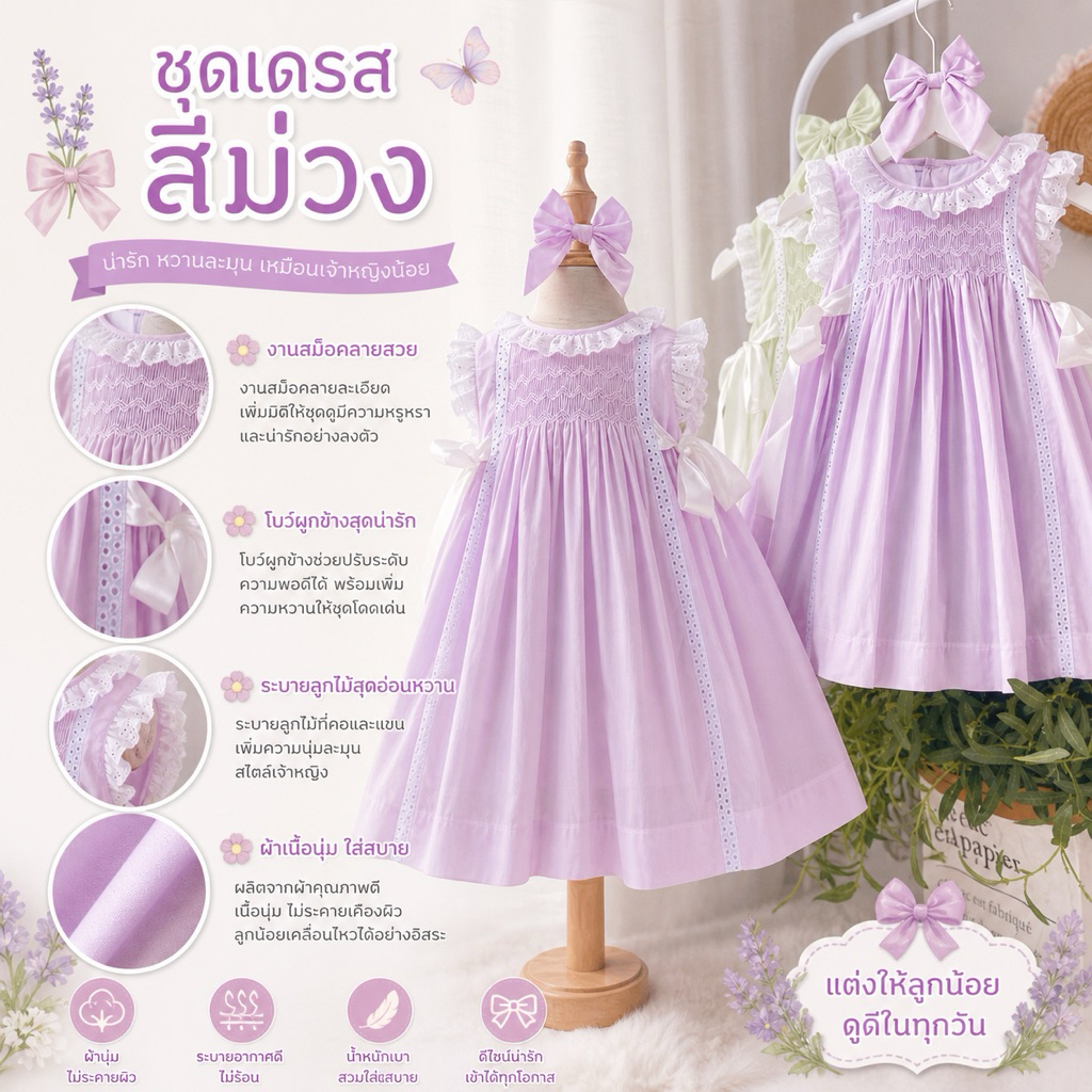 เดรสสม็อคอก ผ้าสีพื้น ม่วง เขียว ชมพู