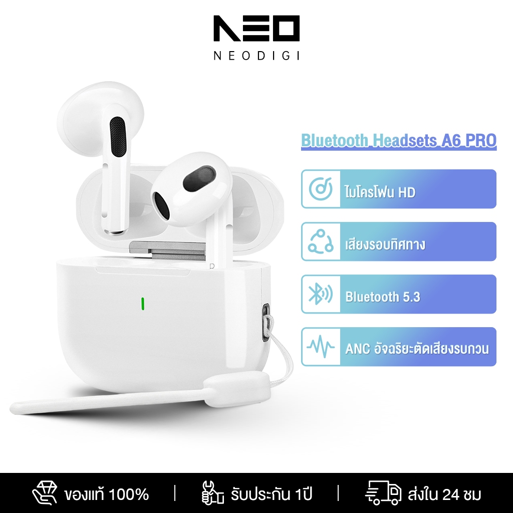 NEODIGI หูฟังไร้สาย A6 PRO Bluetooth 5.3 ลดเสียงรบกวน IPX5 ไมโครโฟนในตัว ระบบตัดเสียงรบกวน ANC เสียงชัดเจน