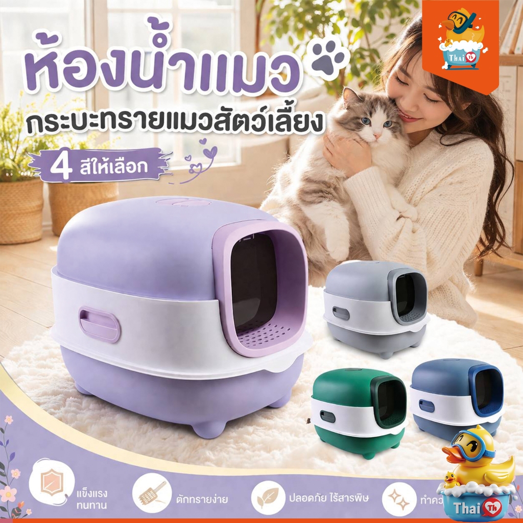 Thai.th ห้องน้ำแมว พร้อมที่ตักทราย กระบะทรายแมว ห้องน้ำแมวทรงโดม มีฝา กระบะทรายแมวโต HYE02