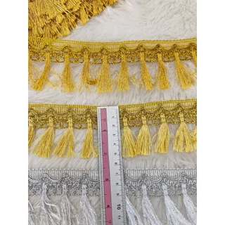 ระบายพู่สีทอง-เงิน เทปทอง พู่ชายครุยกว้าง 5.3-5.5 cm มีแบ่งขาย 5หลา ยกพับ 15 หลา ชายครุยตกแต่งชายผ้า