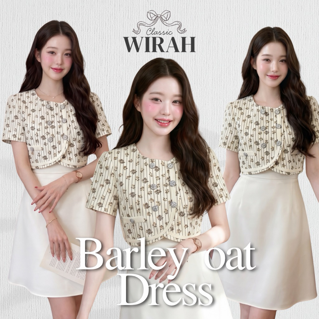 DW506 Barley Oat Dess ชุดเดรสสั้นโทนสีครีมละมุน ดีไซน์ช่วงบนเป็นเสื้อครอปแขนสั้นลายทางลงสลับลายดอกไม้เล็กๆ