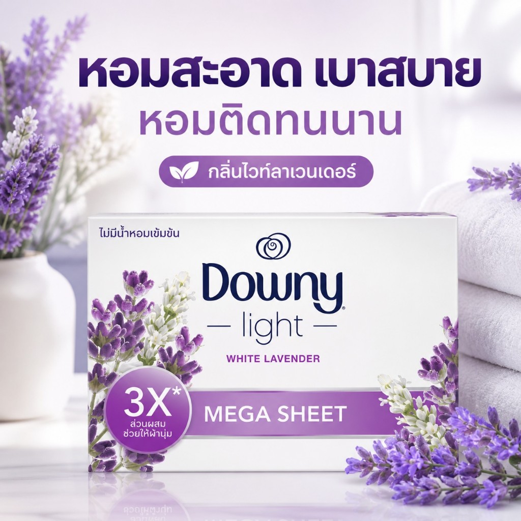 Downy Light Mega Dryer Sheets แผ่นอบผ้าหอม กลิ่น White Lavender ผ้านุ่มสบาย ขนาด 60 แผ่น