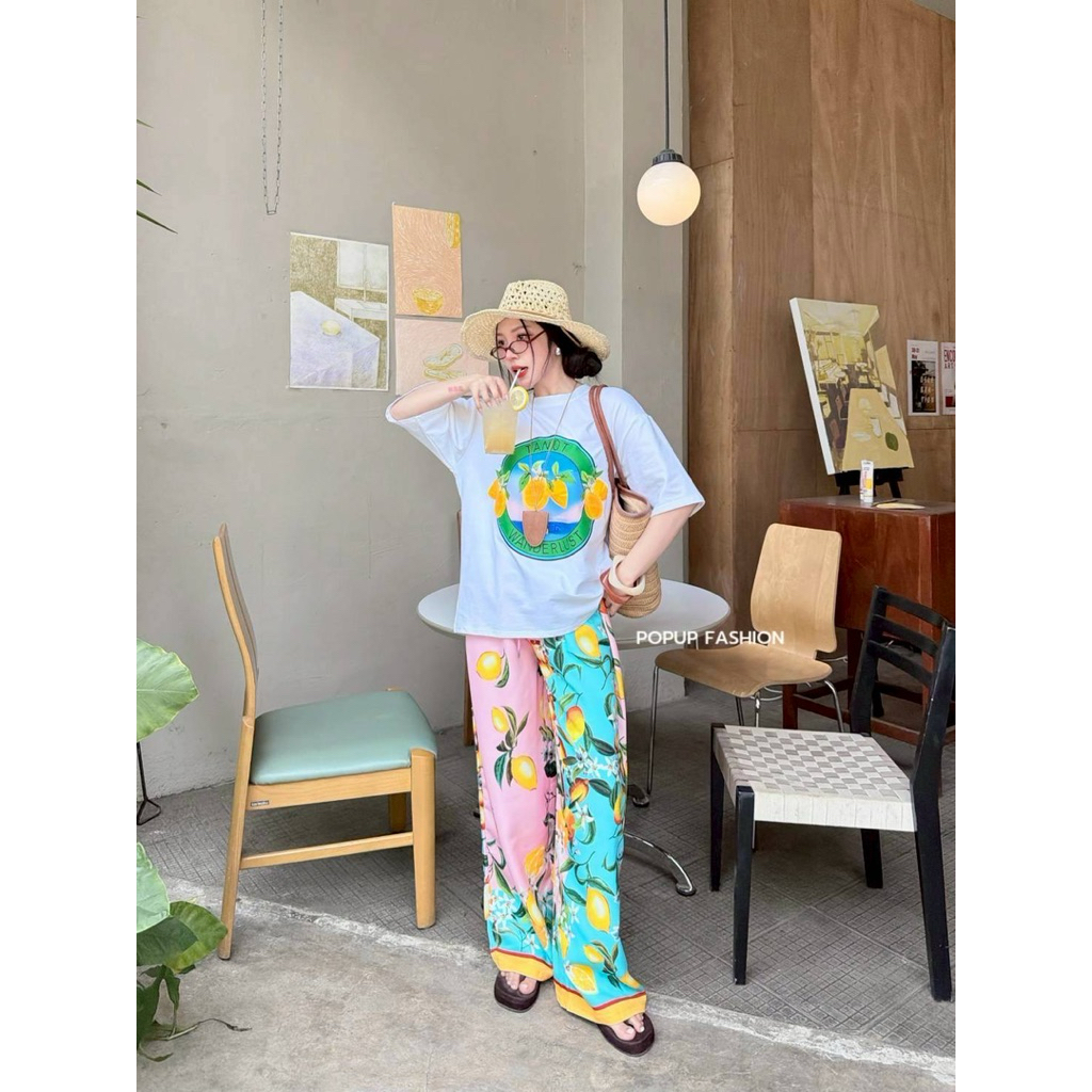 ชุดเซ็ตผ้ายืดเกรดพรีเมียมเสื้อพิมพ์ลายกางเกงเอวยืดฟรีไซ