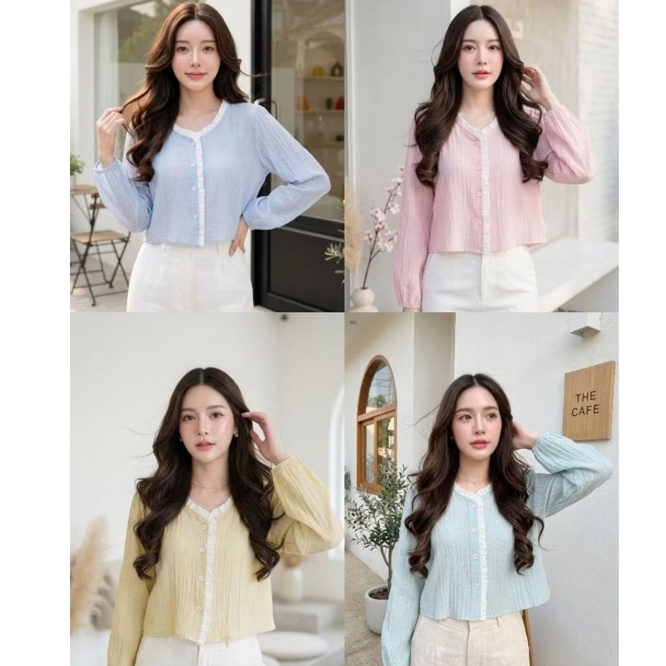 maybeshop🦋 เสื้อแขนยาวแต่งระบายขาวปลายแขนจั๊ม ป้ายsherbet