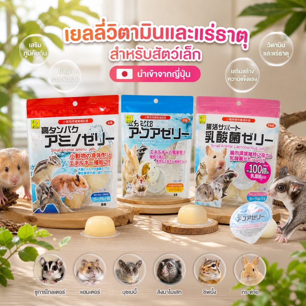 WILD (Japan)เยลลี่วิตามินแร่ธาตุสำหรับสัตว์ หลากหลายสูตรตามความชอบ ชูการ์ แฮมเตอร์ แก๊สบี้ กระต่าย เม่นแคระ หนู