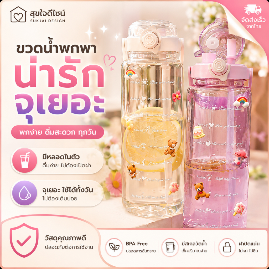 ขวดน้ํากีฬา PC 2000มล. ทนความร้อน พร้อมมาตรวัด+ที่จับ ปิดผนึกช็อก ดื่มคู่ได้ (หลอด+ปากจิบ) โปร่งใส แข็งแรง พกพาสะดวก