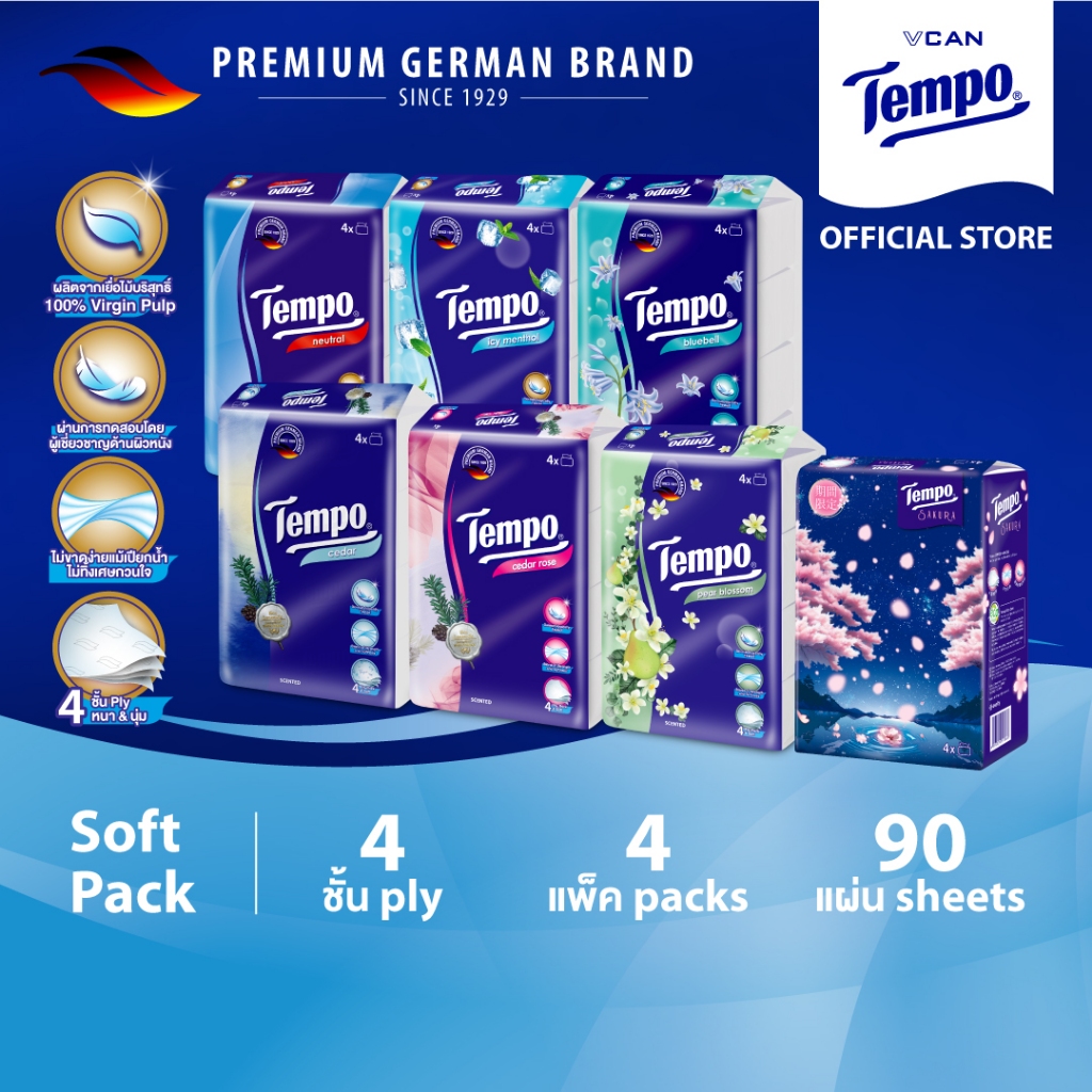 Tempo Softpack เทมโพ กระดาษเช็ดหน้า ทิชชู่ ซอฟแพ็ค (Pack4)