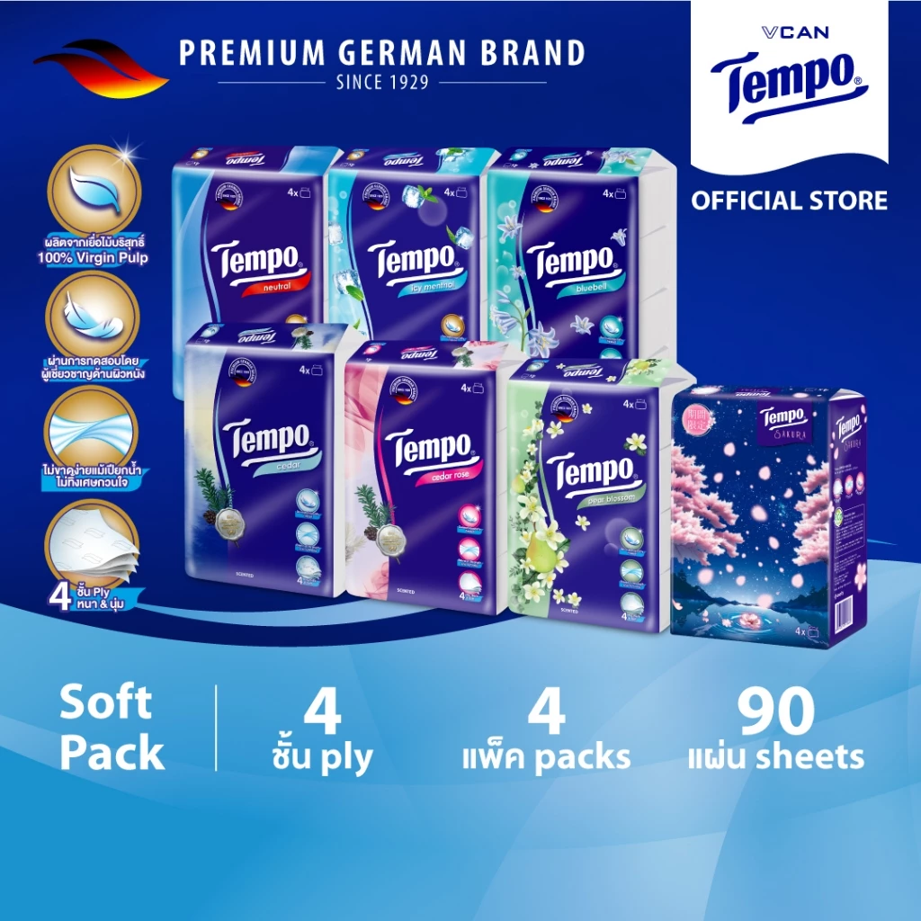 Tempo Softpack เทมโพ กระดาษเช็ดหน้า ทิชชู่ ซอฟแพ็ค (Pack4)