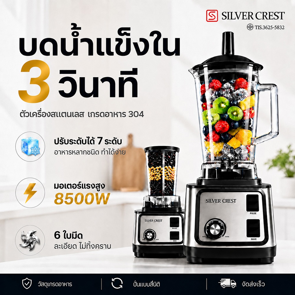 【ซื้อ 1 แถม 1】เครื่องปั่นน้ำผลไม้ เครื่องปั่นอเนกประสงค์ 2.7L 8500W กำลังแรง 6 ใบมีด บดน้ำแข็ง 3 วินาที แห้ง-เปียก