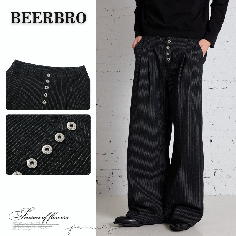 beerbroth-กางเกงขายาวผู้ชาย ทรงกว้างสีดำสไตล์อเมริกัน ดีไซน์ติดกระดุม เหมาะสำหรับฤดูร้อน ลำลองลายทางจีบสองชั้น