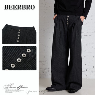 beerbroth-กางเกงขายาวผู้ชาย ทรงกว้างสีดำสไตล์อเมริกัน ดีไซน์ติดกระดุม เหมาะสำหรับฤดูร้อน ลำลองลายทางจีบสองชั้น