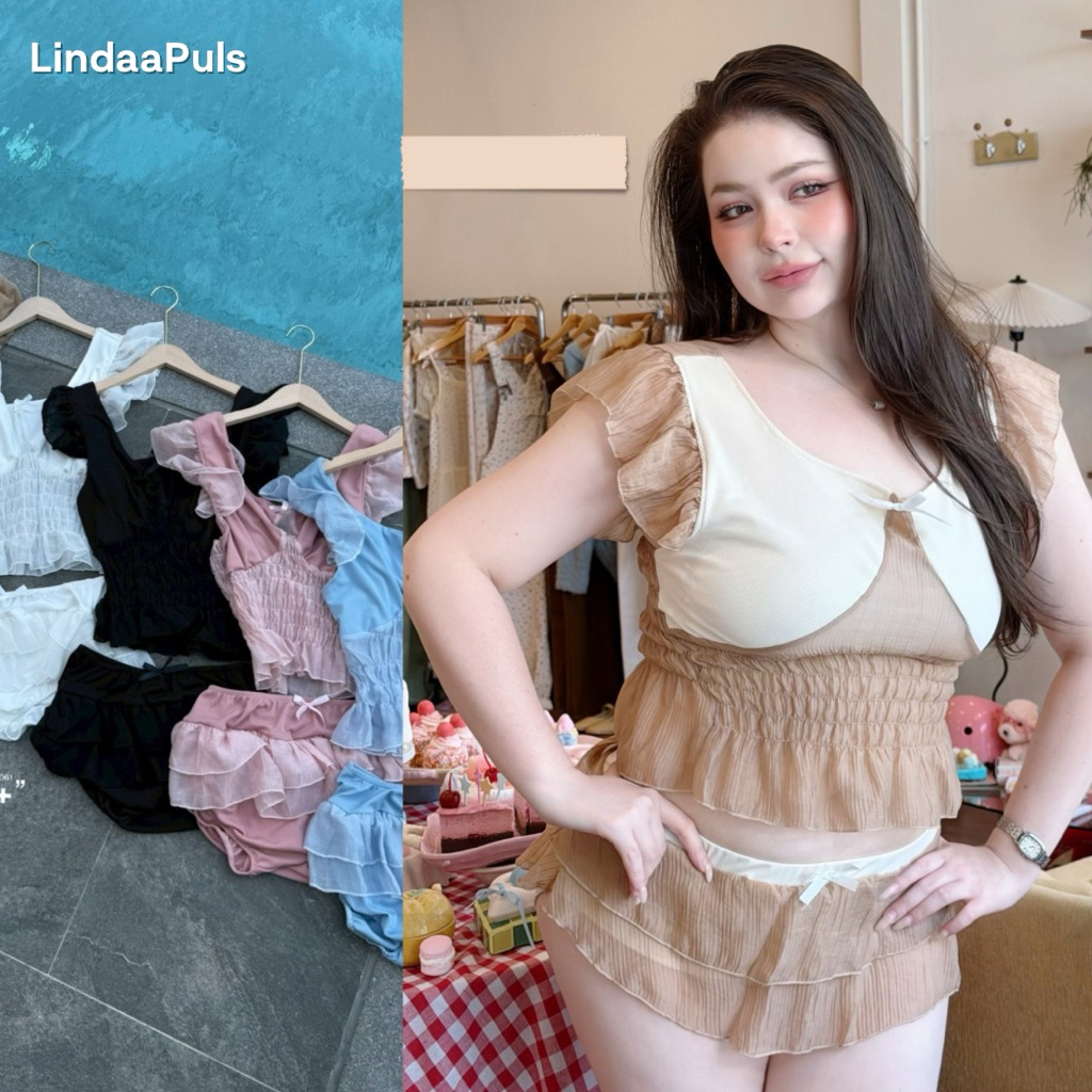 LindaaPlus-- ชุดว่ายน้ำสาวอวบ 𝐓𝐰𝐨-𝐩𝐢𝐞𝐜𝐞 🩵🫧 เสื้อครอปตุ๊กตา สม๊อคเอวเข้ารูป มาพร้อมกางเกงว่ายน้ำจั้มขา แต่งชั้นๆ