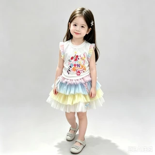 BB275 ชุดเด็กผู้หญิง ลายการ์ตูนน่ารักเสื้อแขนระบาย + กระโปรงฟูสายรุ้ง