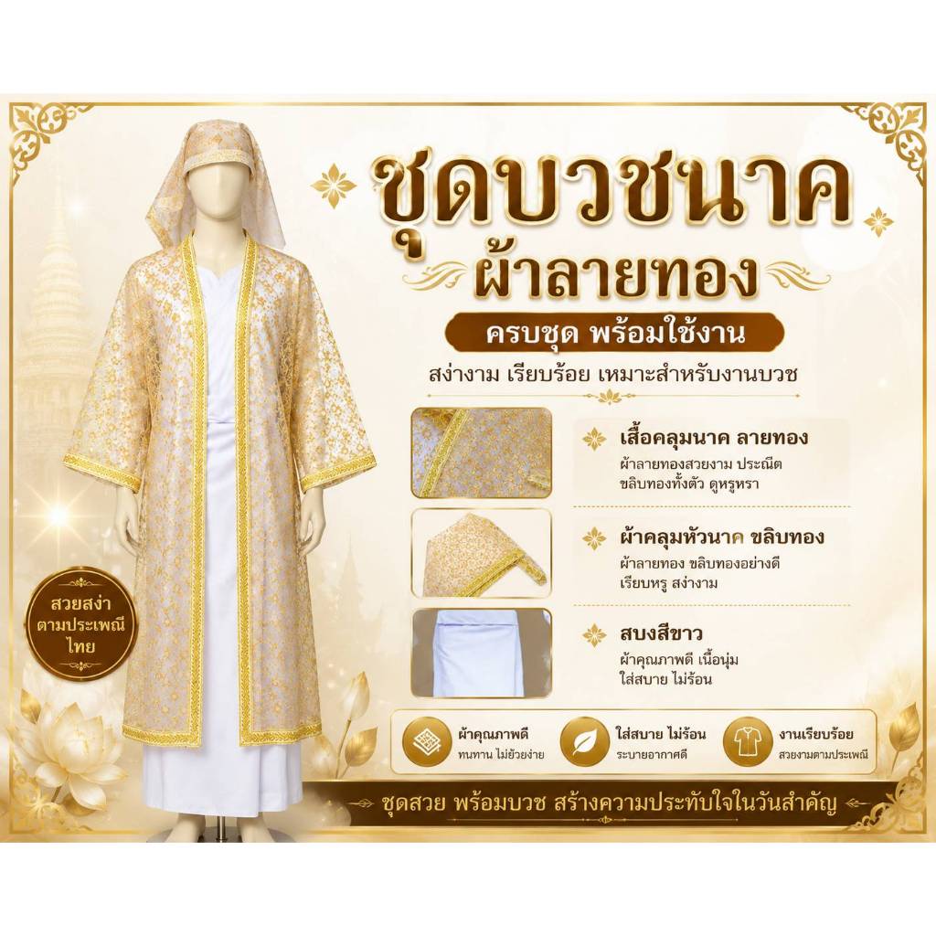 ชุดบวชนาค เสื้อนาค ผ้าคลุมหัวนาค สบงสีขาว(L) เซ็ท 3 ชิ้น
