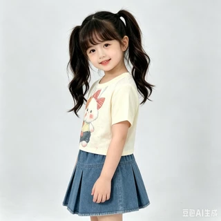 BB277 ชุดเด็กผู้หญิง เสื้อกระต่ายสุดคิ้วท์ + กระโปรงยีนส์พลีท(8685)