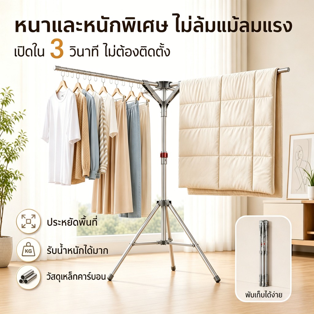 【ทนทาน 50ปี】ราวตากผ้า ราวตากผ้าพับได้ ปรับความสูงได้จาก110-170CM พับเก็บง่าย กันน้ำกันสนิม ราวตากผ้าเหล็กคาร์บอน