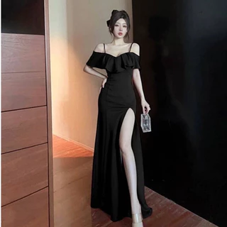 DS-8🍹ชุดเดรสยาว ผ่าหน้าทรงสวย เดรสยาว ชุดเดรส ชุดออกงาน ชุดราตรี เดรส สายเดี่ยวปาดไหล่เรียบหรู สายเดี่ยวกระโปรงผ่าข้าง🍹
