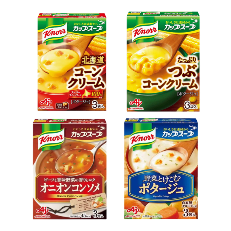Knorr Japan Cup Soup รวม 4 รส: ครีมข้าวโพด / ข้าวโพดเม็ด / หัวหอม / ผัก (กล่อง 3 ซอง)