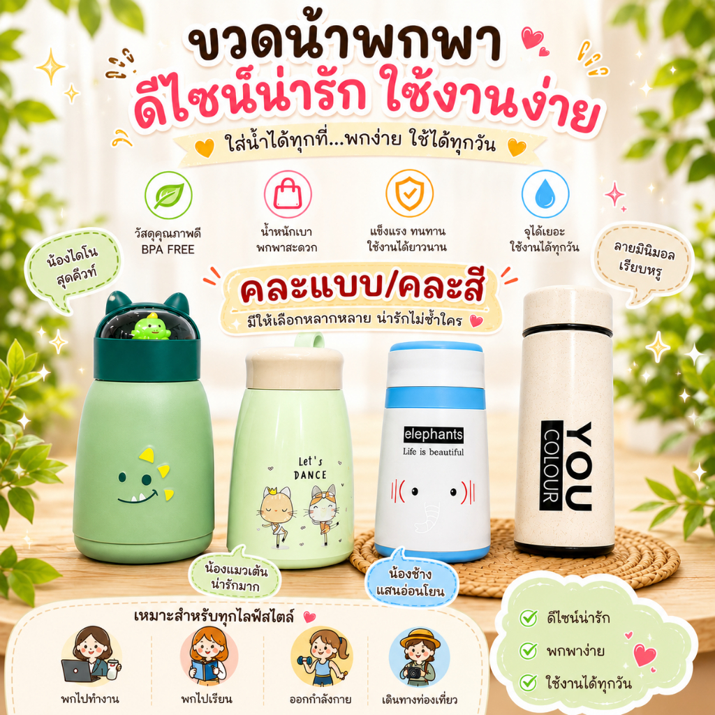 กระบอกใส่น้ำดิ่ม คละแบบ/คละสี ด้านในเป็นแก้ว ไม่ได้เก็บอุณหภูมิ