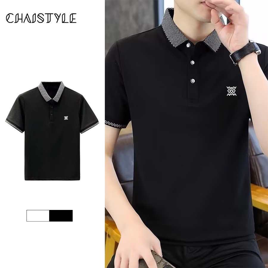Chaistyle เสื้อโปโลผู้ชาย เสื้อแขนสั้นฤดูร้อนปี สไตล์ลำลองทางธุรกิจดีไซน์ปกเสื้อ มีกระดุม แมทช์ง่าย ระบายอากาศได้ดีสบาย