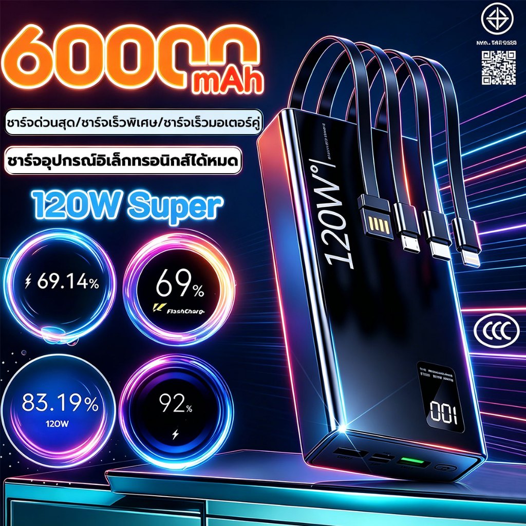 【CCC & มอก】ประกัน 5 ปี Powerbank 60000mAh PD120W ชาร์จเร็ว สายชาร์จในตัว Fast Charge QC3.2 พาวเวอร์แบงค์ แบตสำรอง