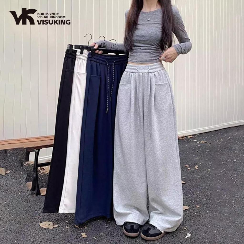 VISUKING  พร้อมส่ง กางเกง กางเกงขายาวผู้หญิง กางเกงขาเว้าผู้หญิง กางเกงขากว้างลำลองเอวสูงอเมริกัน กางเกงทรงตรงมีเชือกผูก