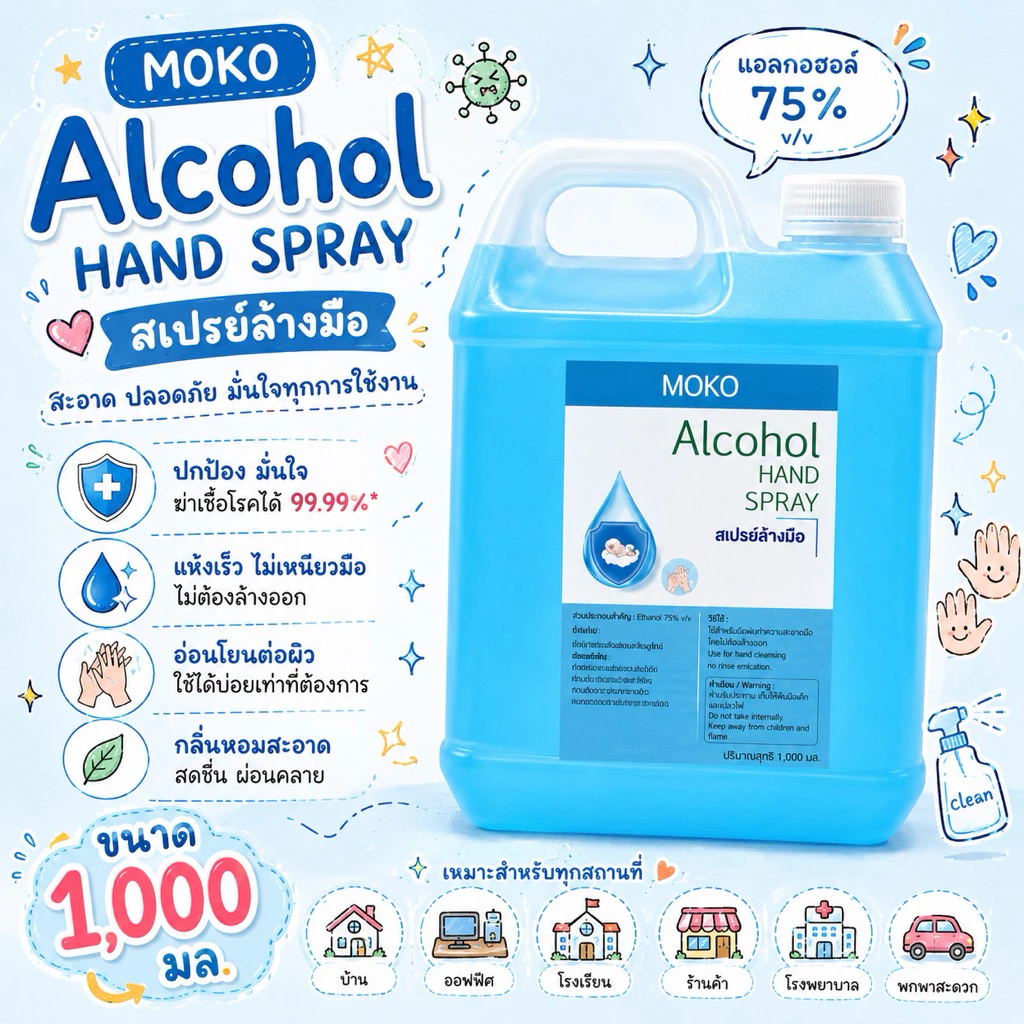 💠MOKO 💠แอลกอฮอล์ 1000ml. Hand Spray แอลกอฮอล์ 75% ใช้พ่นทำความสะอาด โมโกะ