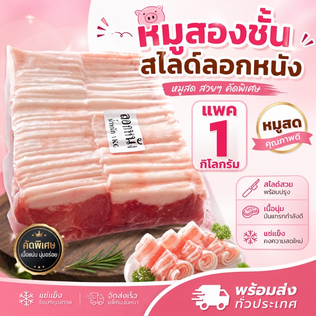 หมูสองชั้นลอกหนัง แพค 1 กิโล ปื้งย่าง หมูกระทะ ชาบู ของสดมาก สินค้าสวยตรงปก