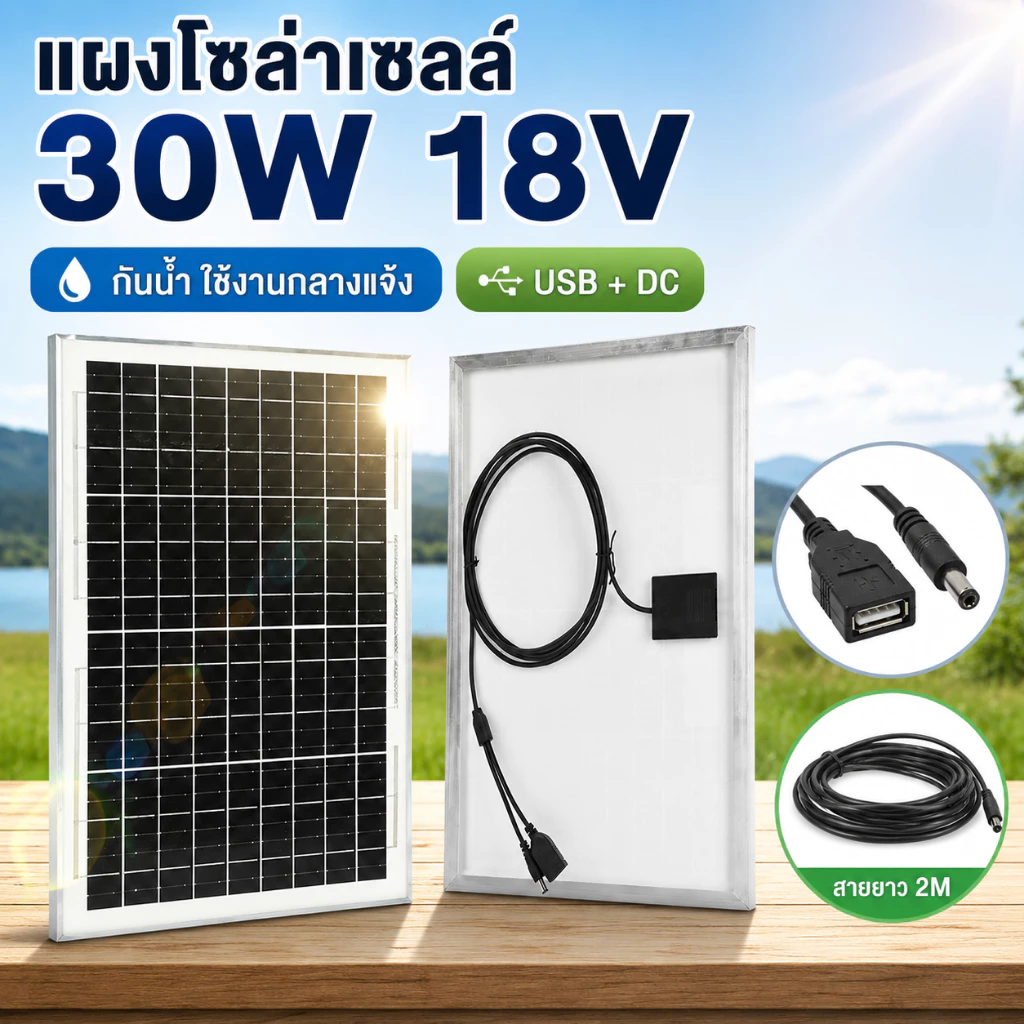 แผงโซล่าเซลล์ 30W 18V USB+DC สาย 2 เมตร ใช้งานกลางแจ้ง สำหรับไฟสนาม กล้องวงจรปิด พาวเวอร์แบงค์