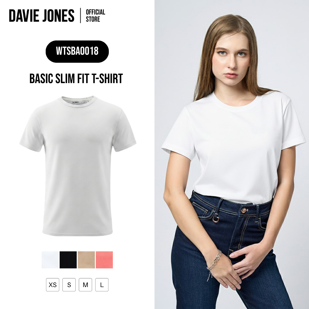 DAVIE JONES WOMEN [BE FEARLESS] เสื้อยืดผู้หญิง Basic Slim Fit T-Shirt สีขาว ดำ เบจ ชมพู BA0018
