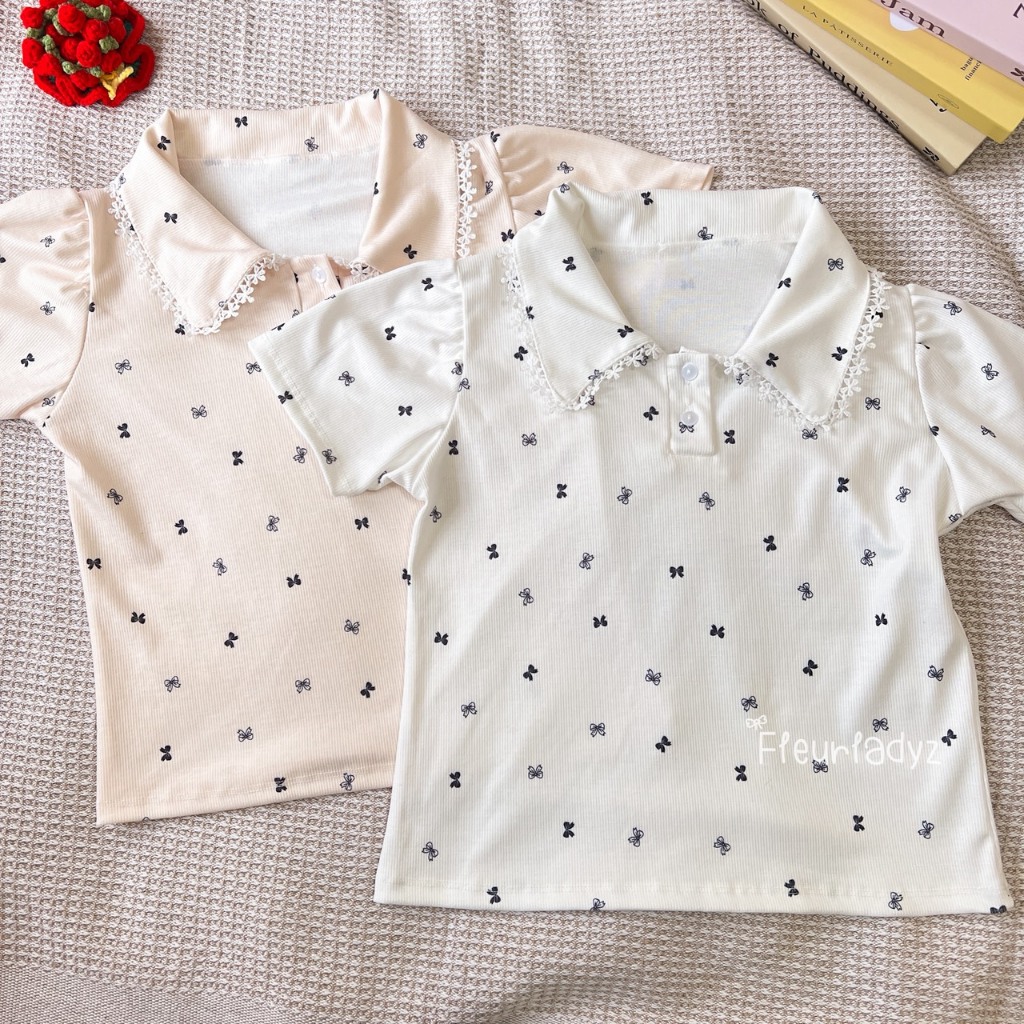 Fleurladyz เสื้อโปโล ผ้าร่องลายน่ารัก ปกแต่งลูกไม้ สไตล์เกาหลี