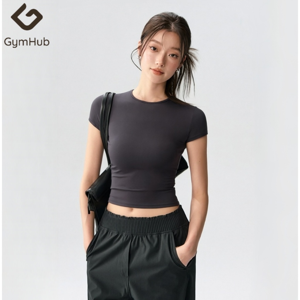 GymHub เสื้อโยคะแขนสั้นทรงสั้น ซึมซับเหงื่อเร็ว ใส่ได้ทั้งวิ่งและปั่นจักรยาน