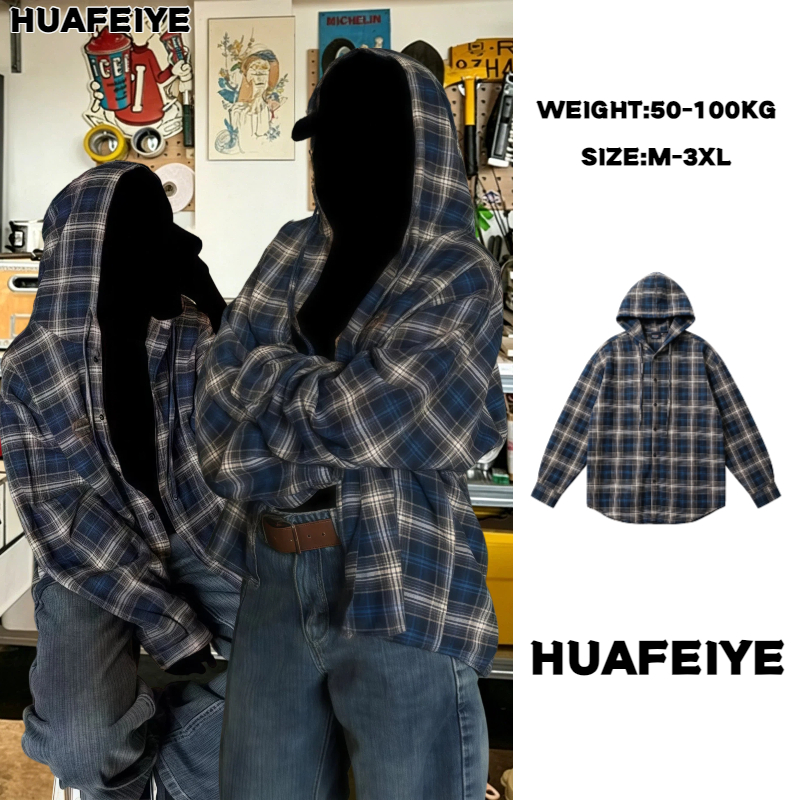 HFY เสื้อแขนยาวลายตาราง ทรงหลวม ลายสก๊อต สไตล์ฮ่องกง สําหรับผู้ชาย นางสาว สไตล์เกาหลี ใส่สบาย แฟชั่นฮิต เสื้อเชิ้ตมีฮู้ด