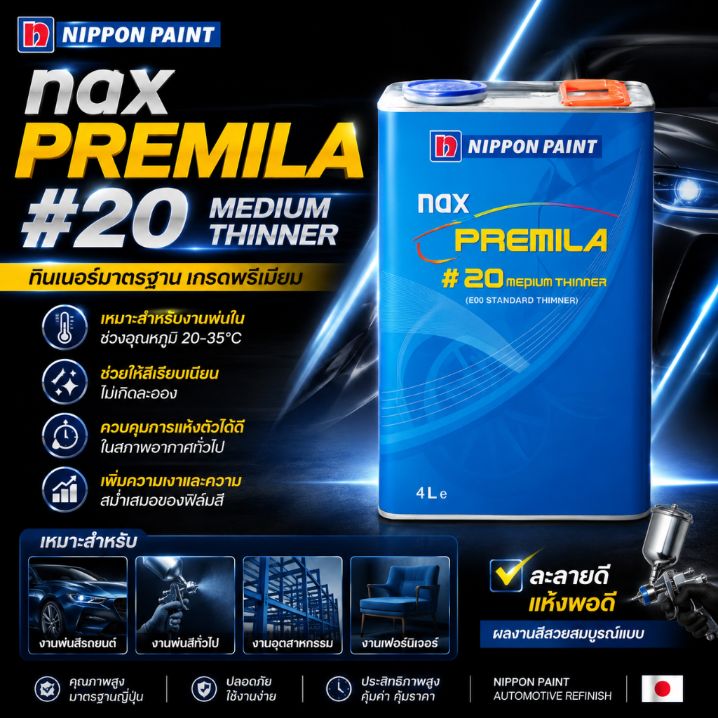 NAX PREMILA #20 Medium Thinner (4L) | ทินเนอร์กลาง สำหรับสีพ่น 2K จาก Nippon Paint