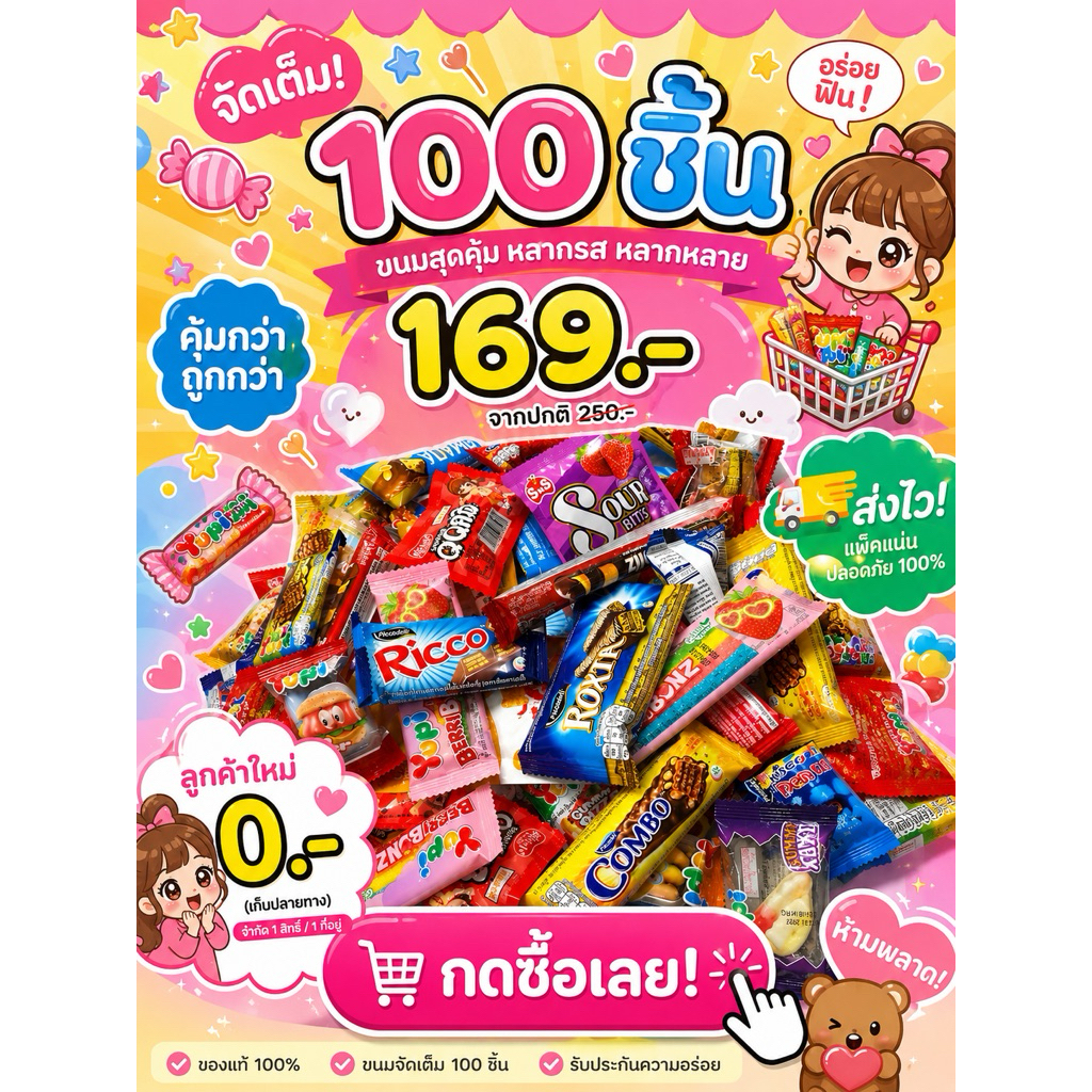 เซทขนมรวม100ชิ้นขนมถช็อกโกแลตหมึกกรุบเยลลี่กัมมี่(พร้อมส่ง)