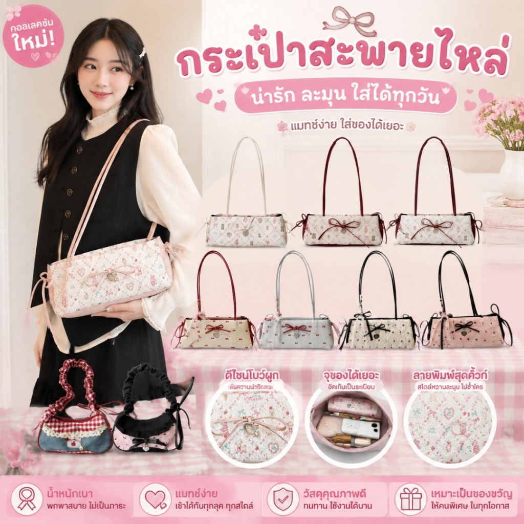 กระเป๋าใต้วงแขน สไตล์เกาหลี แฟชั่นอินเทรนด์ ความจุขนาดใหญ่ ทรงโท้ต กระเป๋าถือ สะพายไหล่ ลายจุด ประดับโบว์แดง ใบทรงยาว สา