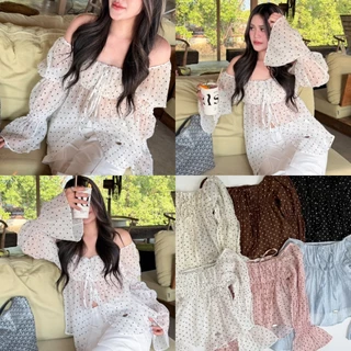 ISLA TOP เสื้อปาดไหล่แขนยาว แต่งระบายผูกโบว์หน้า (เย็บอะไหล่) ผ้าใส่สบาย Size M,L ใส่ได้หลายแบบ - S110 เสื้อผ้าผู้หญิง