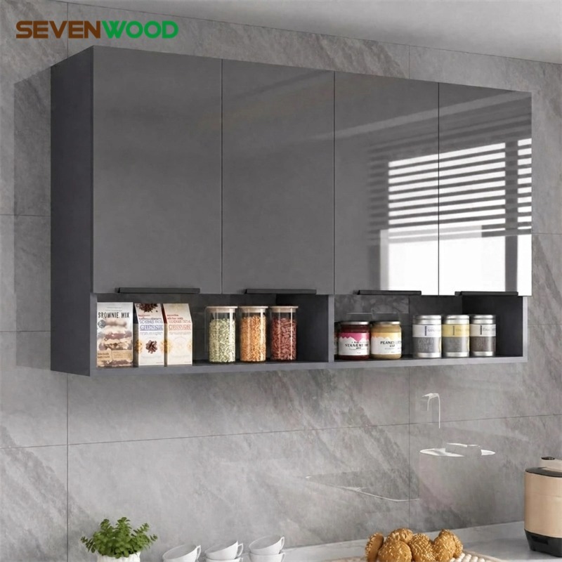 SEVENWOOD ตู้แขวนผนัง ตู้ครัว ตู้เก็บของ ตู้แขวน ตู้ติดผนังห้องครัวที่เรียบง่าย สีเทา สี่ประตู ประกอบง่าย มั่นคงมาก