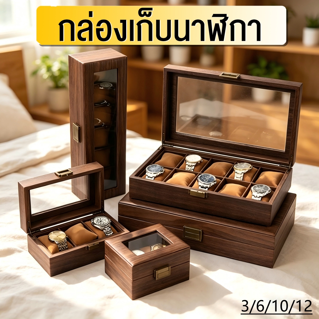 กล่องนาฬิกาลายไม้ฝาแก้ว มี3/6/10/12ช่อง ซับในผ้าตุ๊กตา กันฝุ่น เก็บนาฬิกา เครื่องประดับ ของขวัญผู้ชายทนทาน